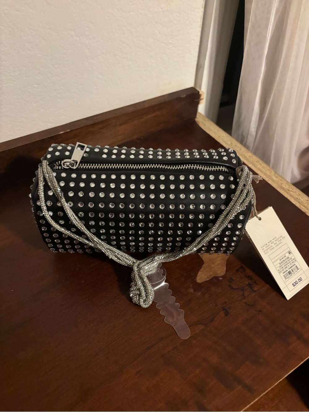 a new day Black Studded Mini Cylinder Crossbody with Silver Rope Strap